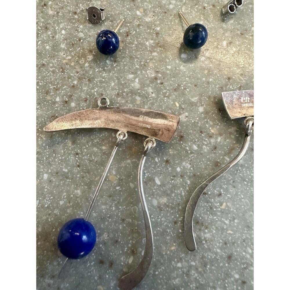 Stamped Peggy Robinson VTG Sterling 925 Lapis Dangle Earrings Detach Posts - Picture 5 of 8